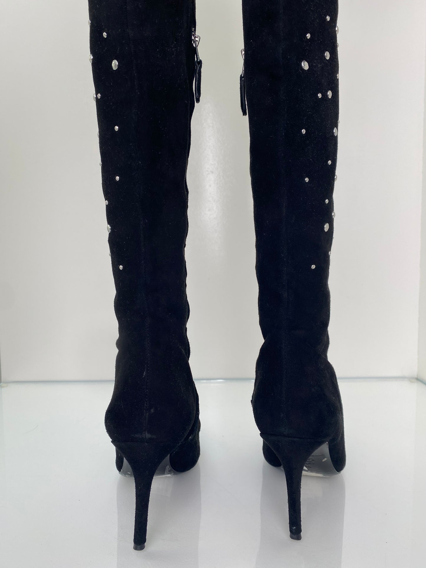Brian Atwood Black Studded Suede Boots, 38.5