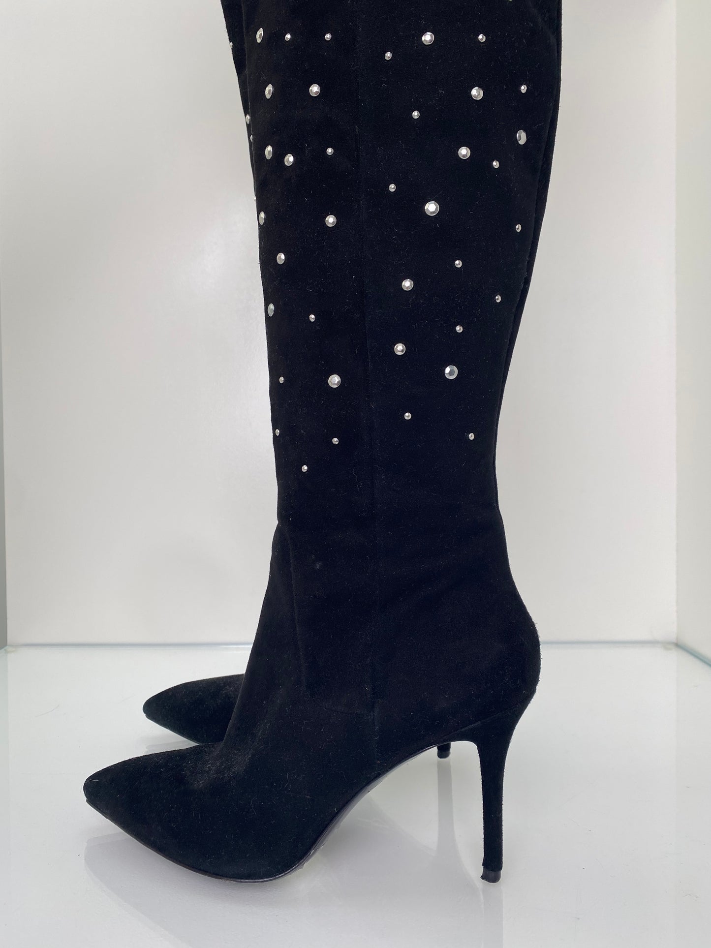 Brian Atwood Black Studded Suede Boots, 38.5