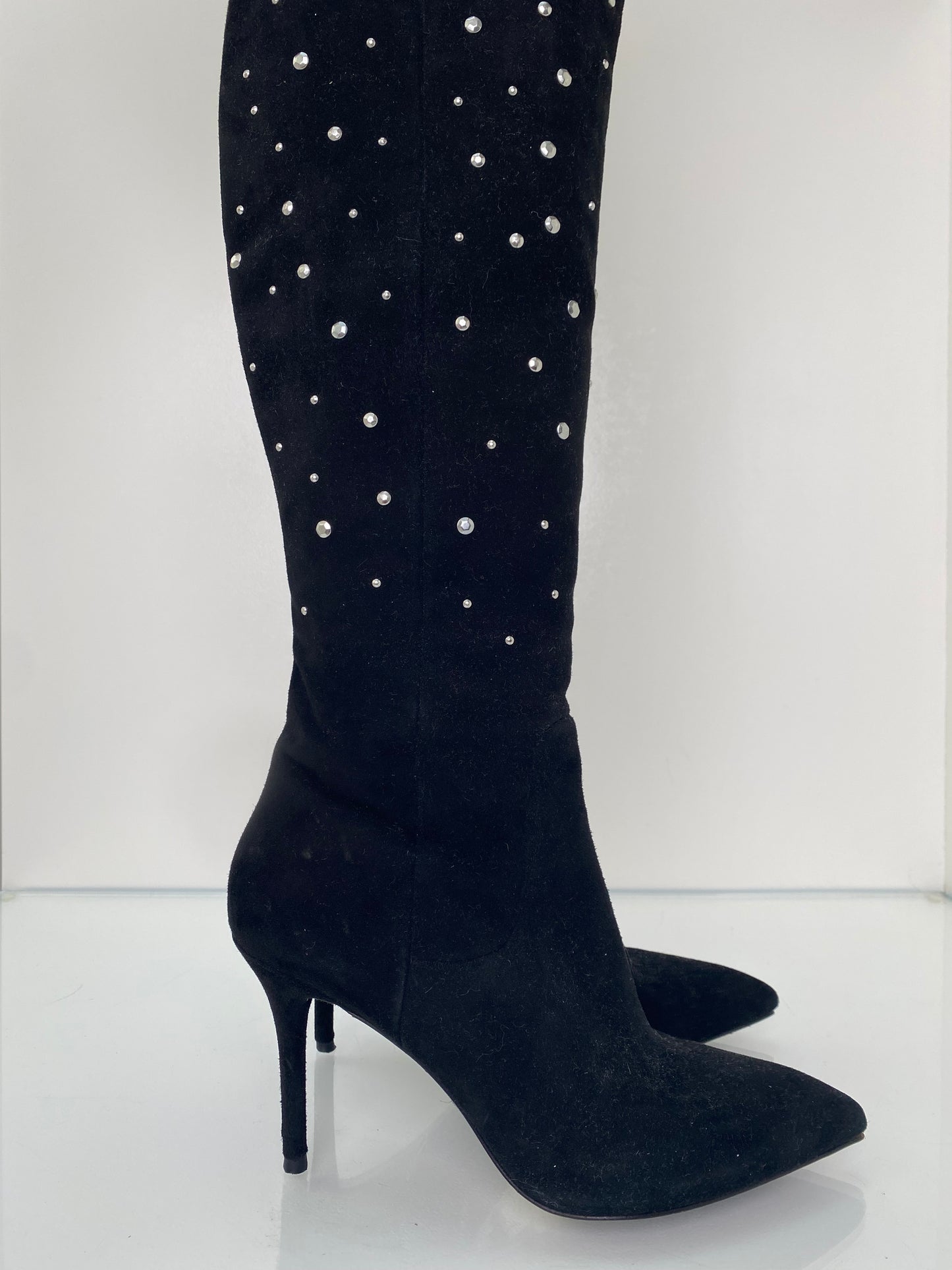 Brian Atwood Black Studded Suede Boots, 38.5