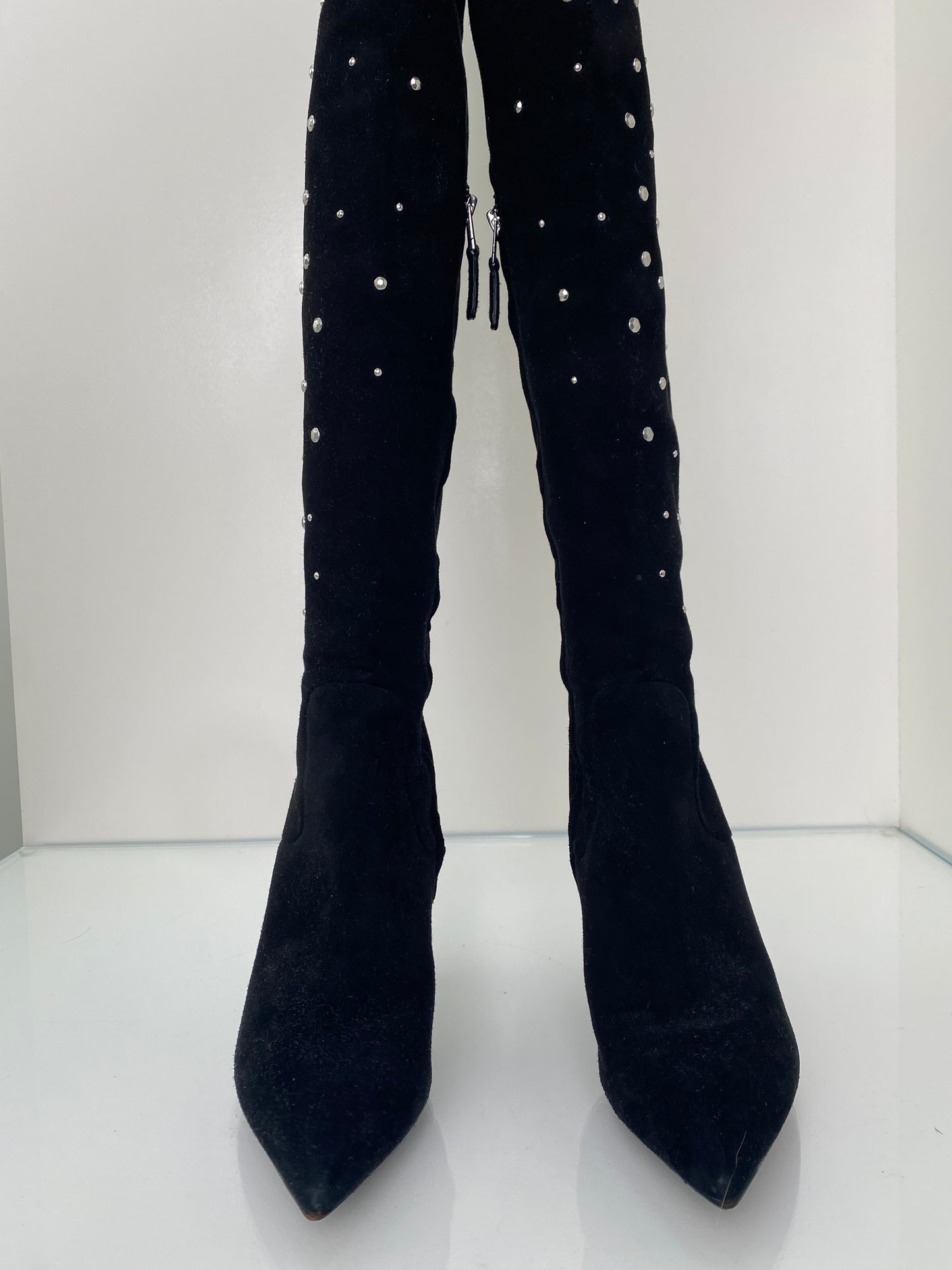 Brian Atwood Black Studded Suede Boots, 38.5