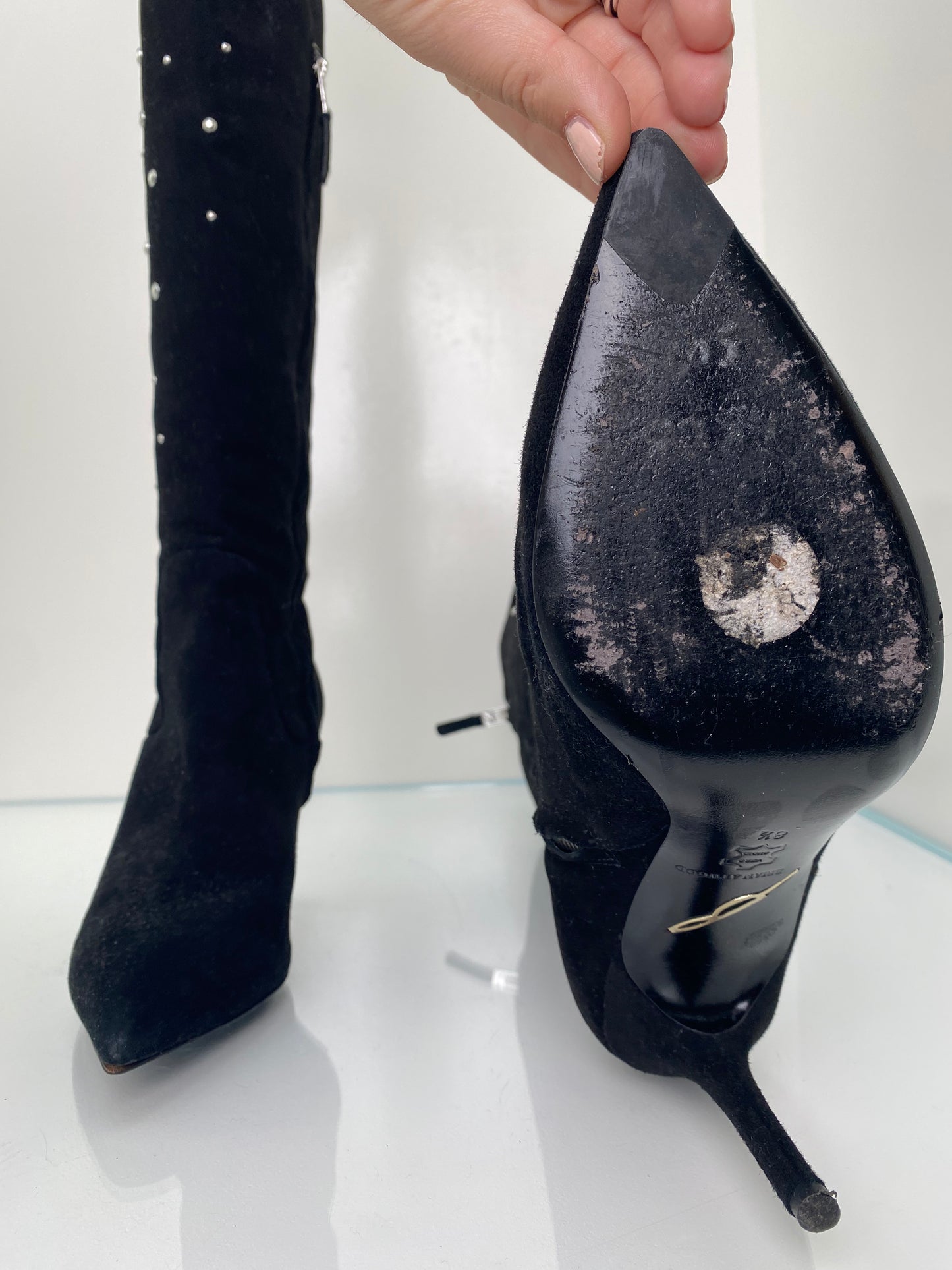Brian Atwood Black Studded Suede Boots, 38.5