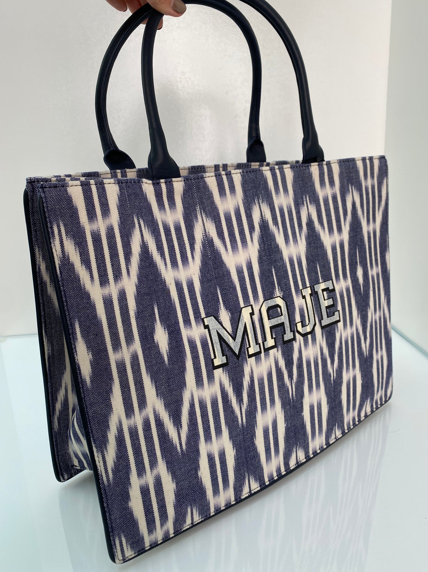 Maje Navy & White Ikat Tote Bag