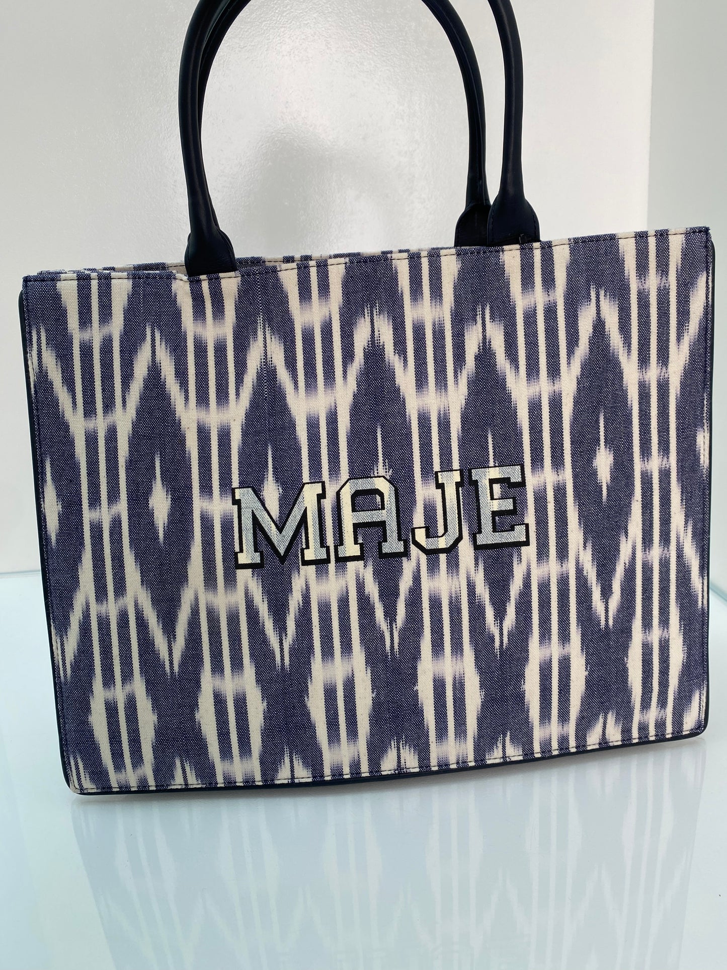 Maje Navy & White Ikat Tote Bag