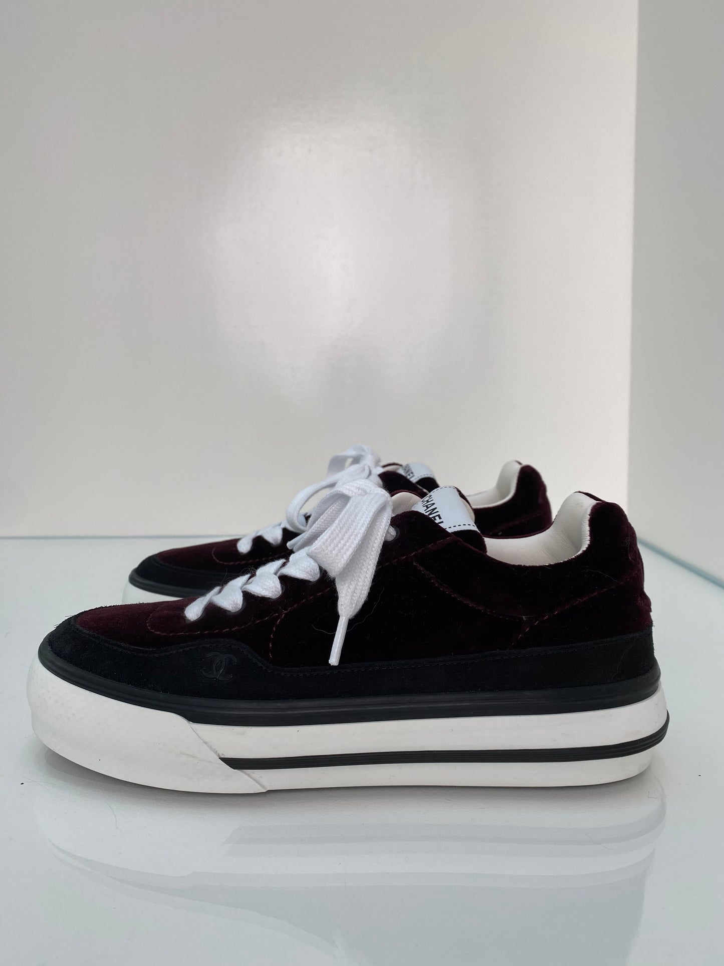 Chanel Burgundy Velvet CC Logo Sneakers, 39