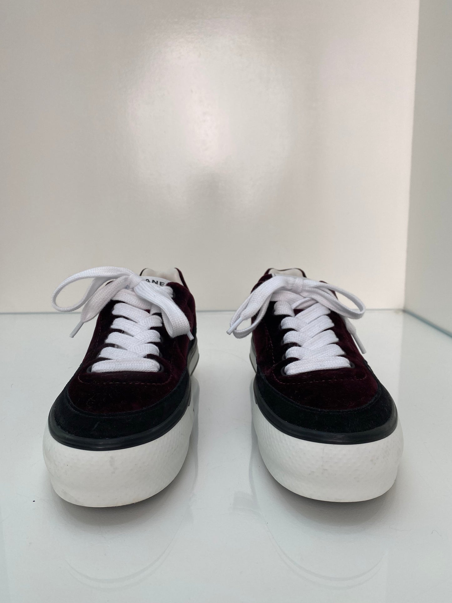 Chanel Burgundy Velvet CC Logo Sneakers, 39