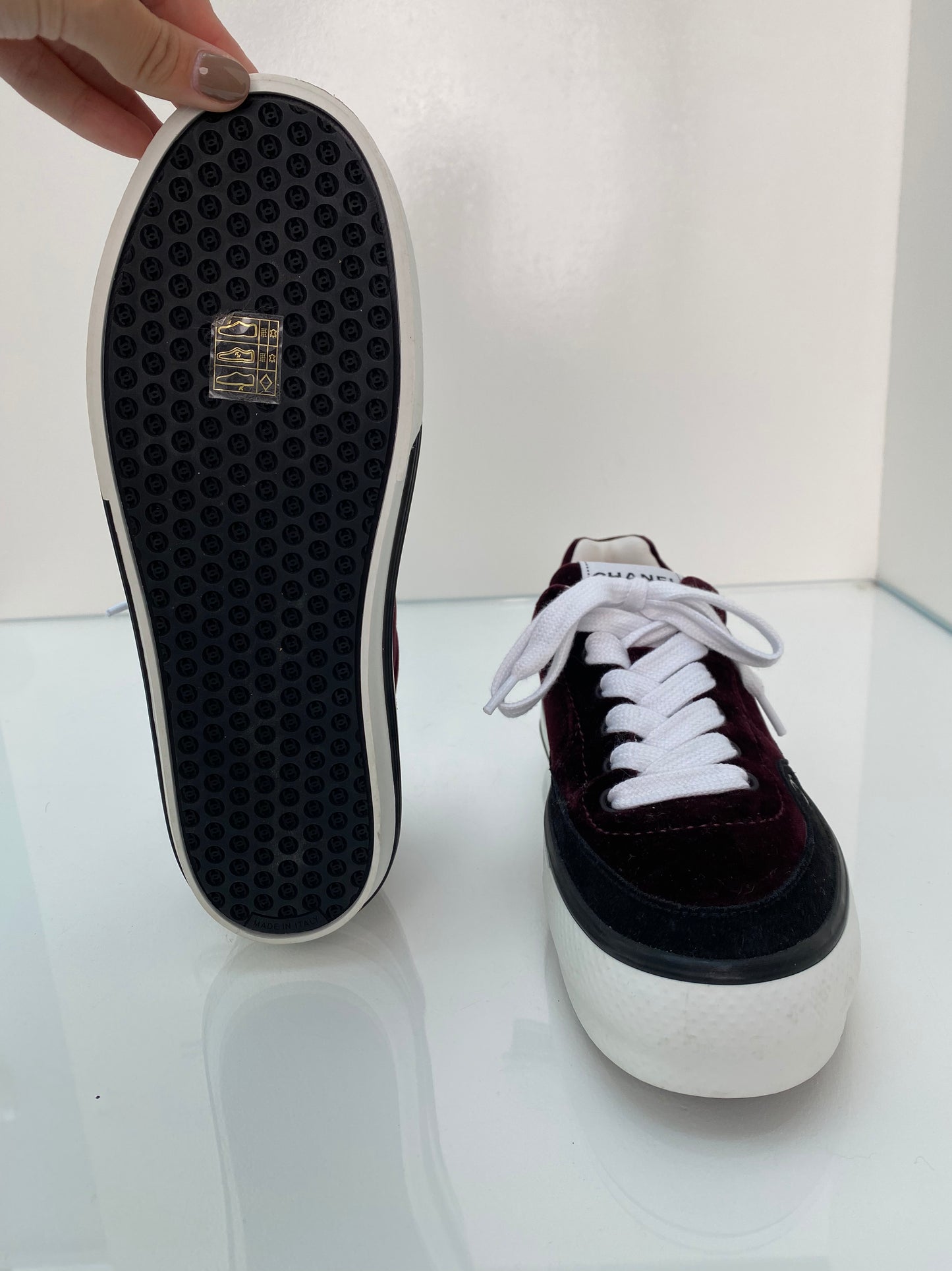 Chanel Burgundy Velvet CC Logo Sneakers, 39