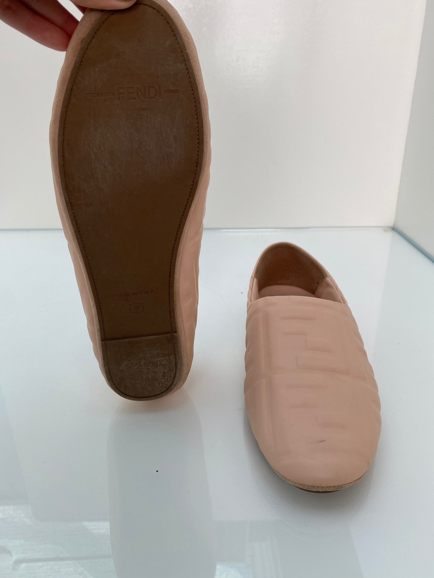 Fendi Blush Nappa FF Embossed Slippers, 39