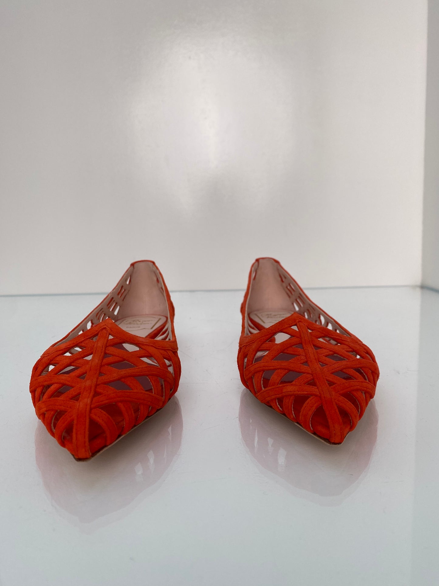 Roger Vivier Orange Suede Cage Ballet Flats, 38.5