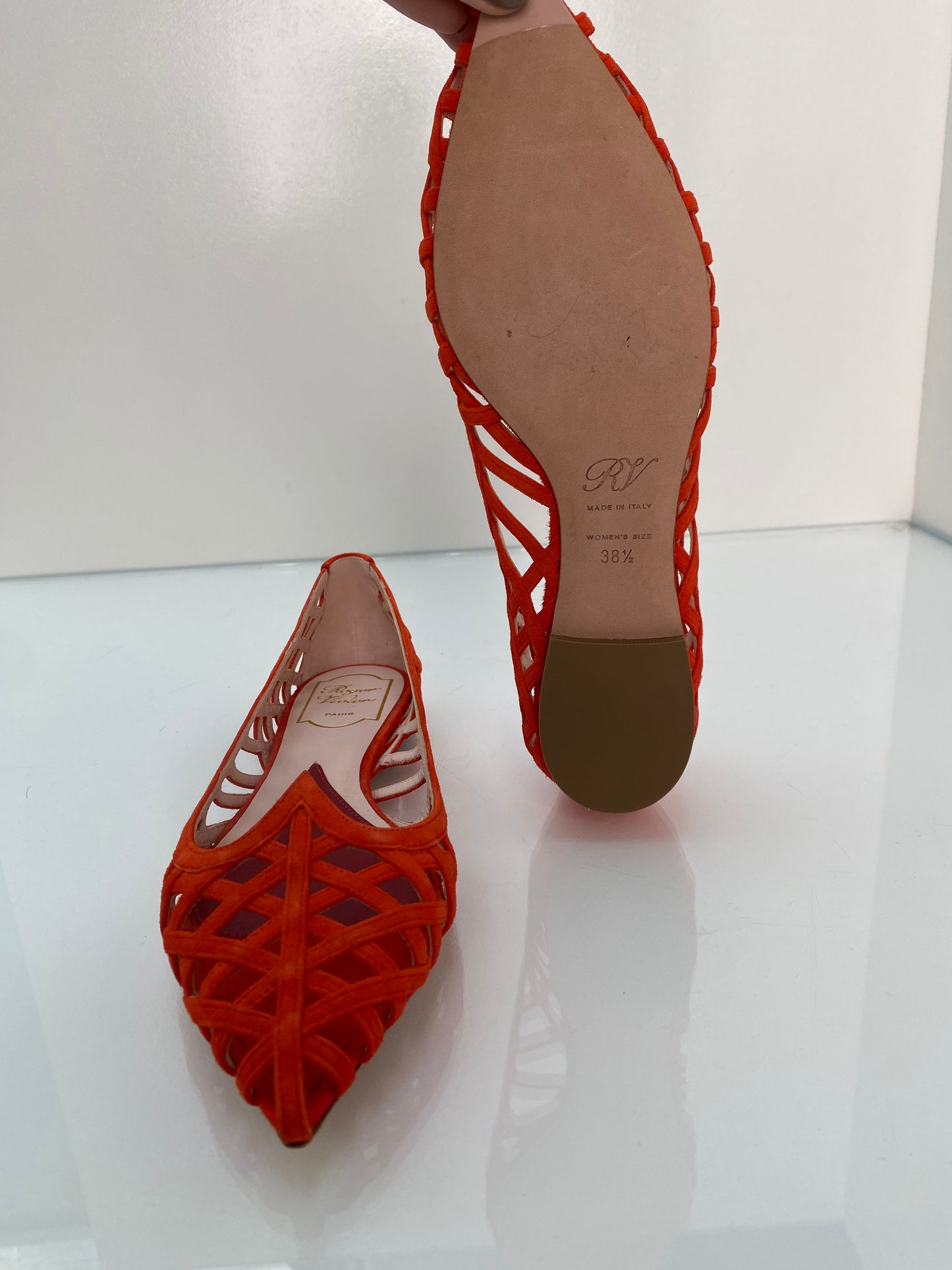 Roger Vivier Orange Suede Cage Ballet Flats, 38.5