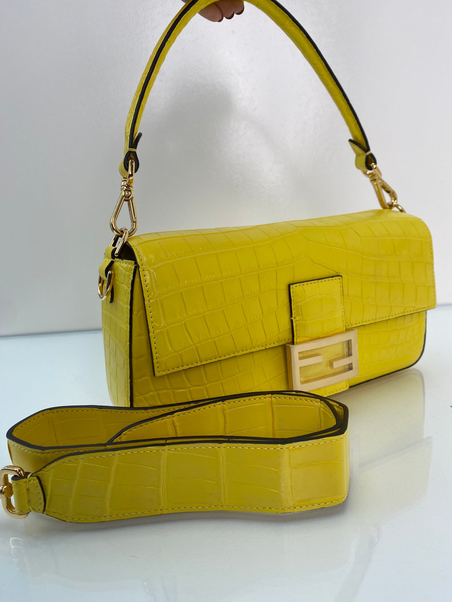 Fendi Yellow Croc Baguette Bag GHW