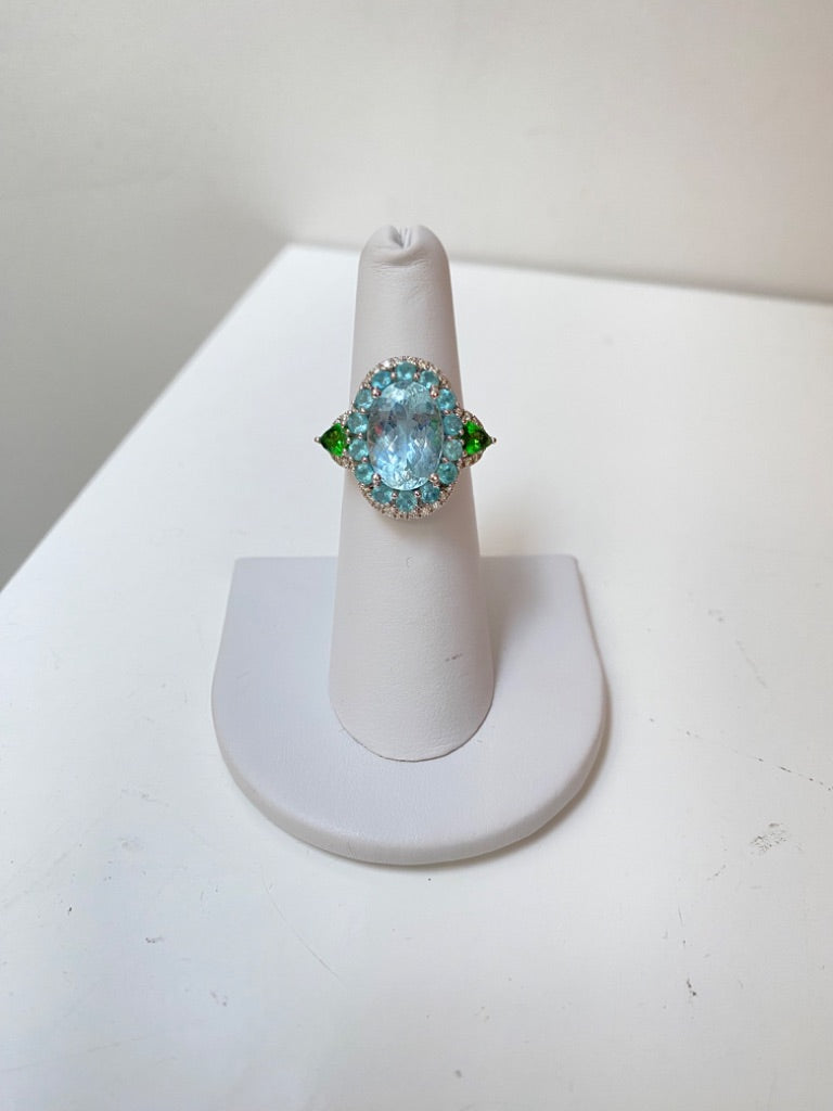 Aquamarine & 4.16ct Diamond 18k WG, Sz 5.5