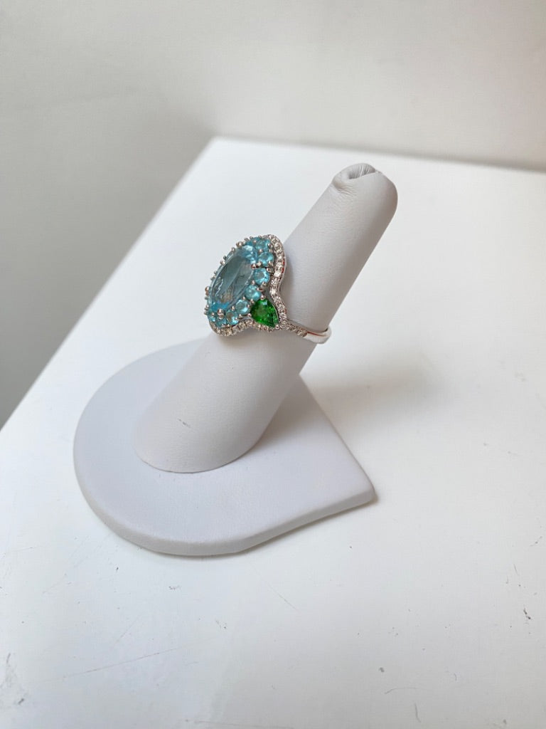 Aquamarine & 4.16ct Diamond 18k WG, Sz 5.5
