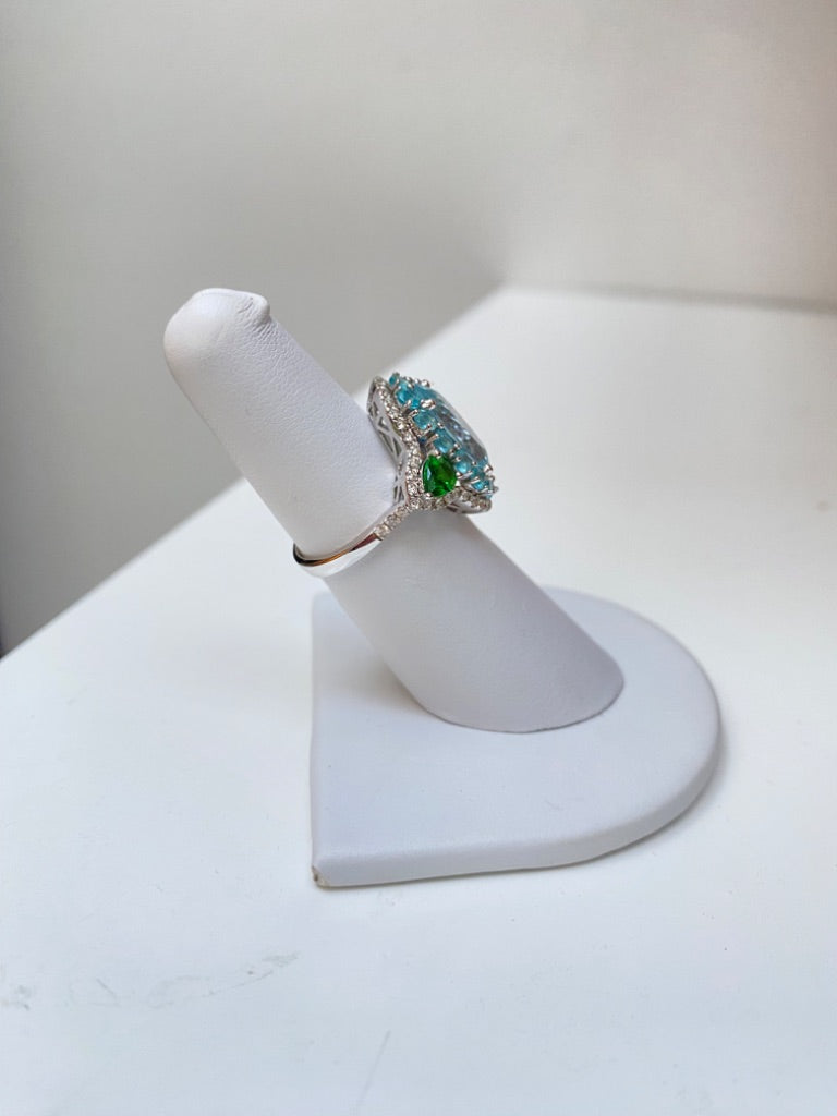 Aquamarine & 4.16ct Diamond 18k WG, Sz 5.5