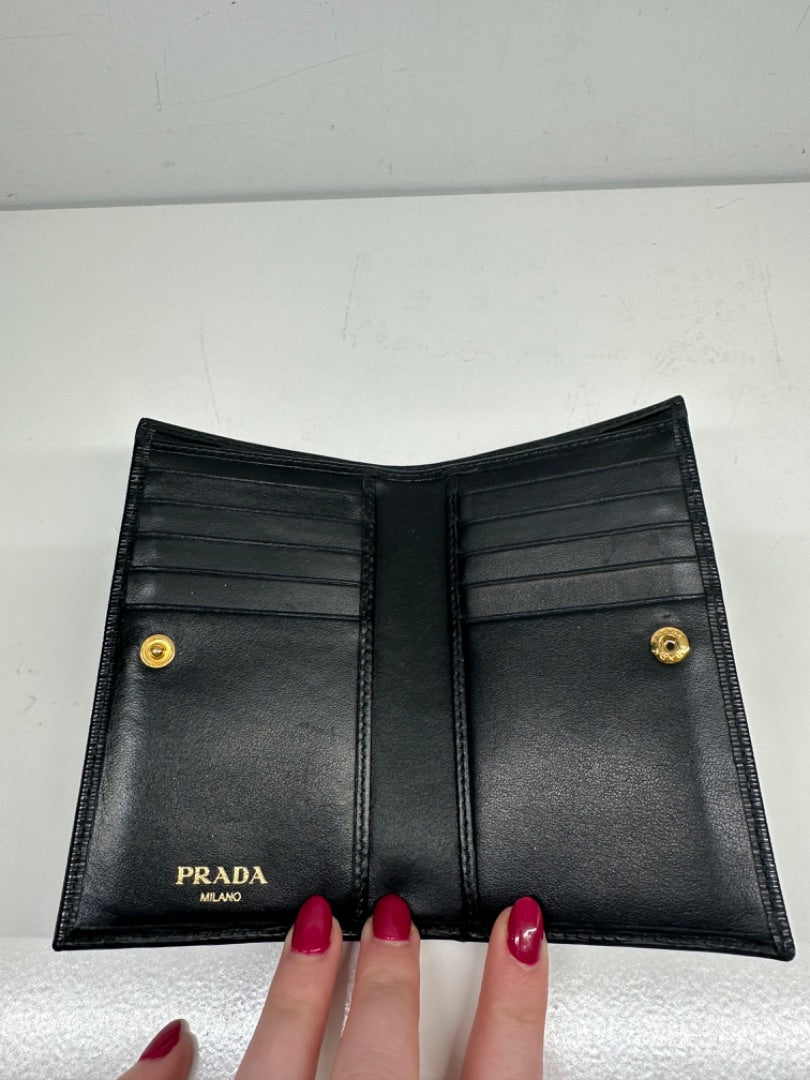 Prada Black Leather Compact Snap Wallet