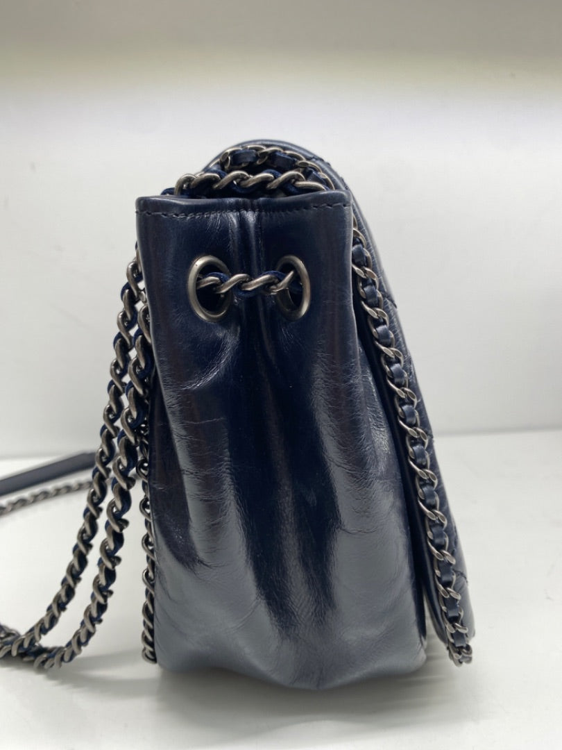 Chanel Navy Glazed Calfskin Chain Flap Bag RHW