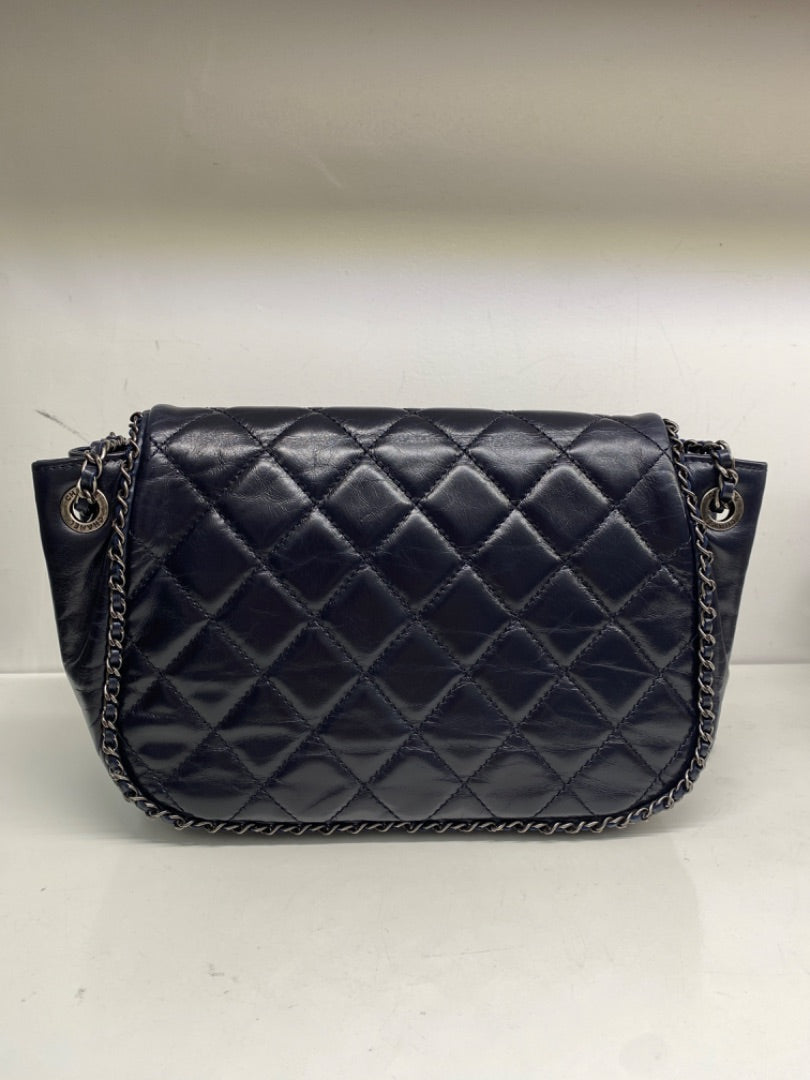 Chanel Navy Glazed Calfskin Chain Flap Bag RHW