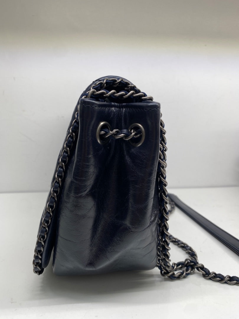 Chanel Navy Glazed Calfskin Chain Flap Bag RHW