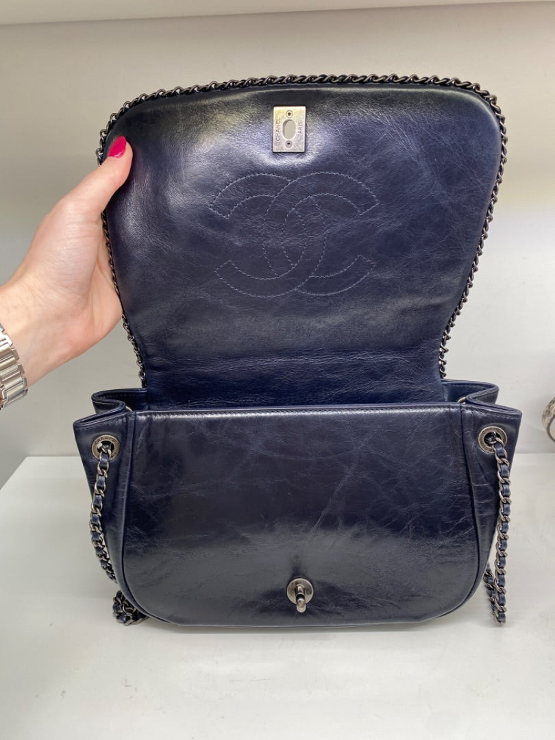 Chanel Navy Glazed Calfskin Chain Flap Bag RHW