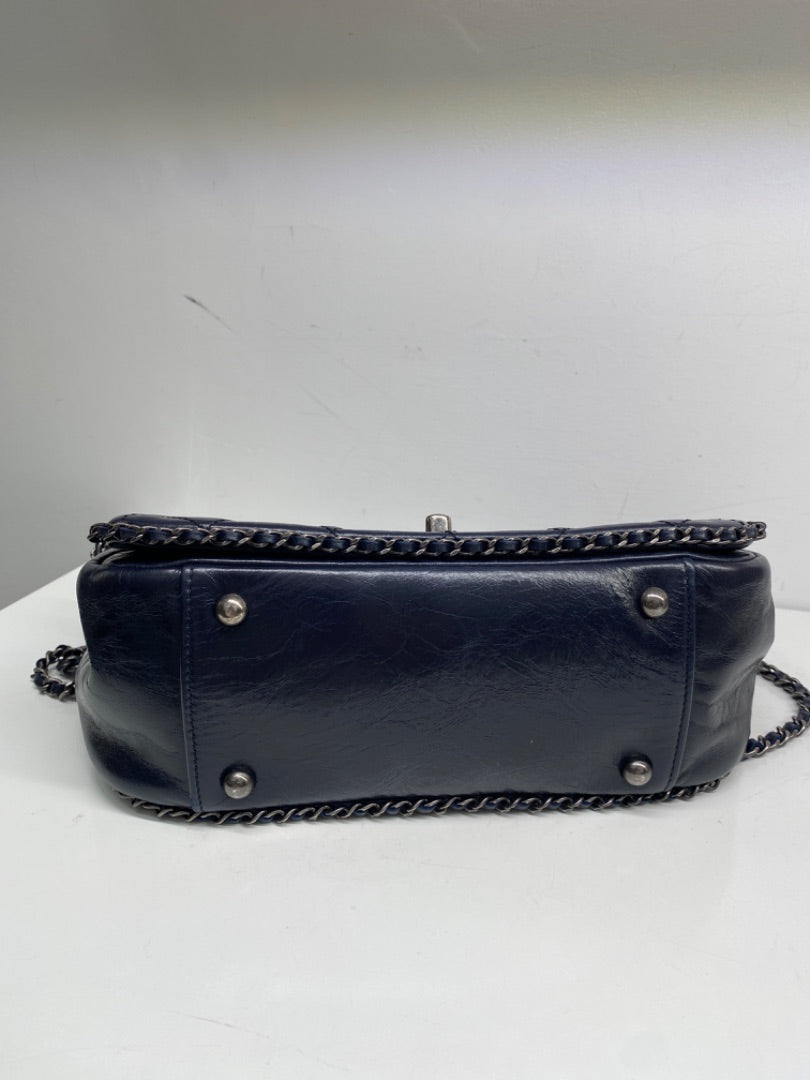 Chanel Navy Glazed Calfskin Chain Flap Bag RHW