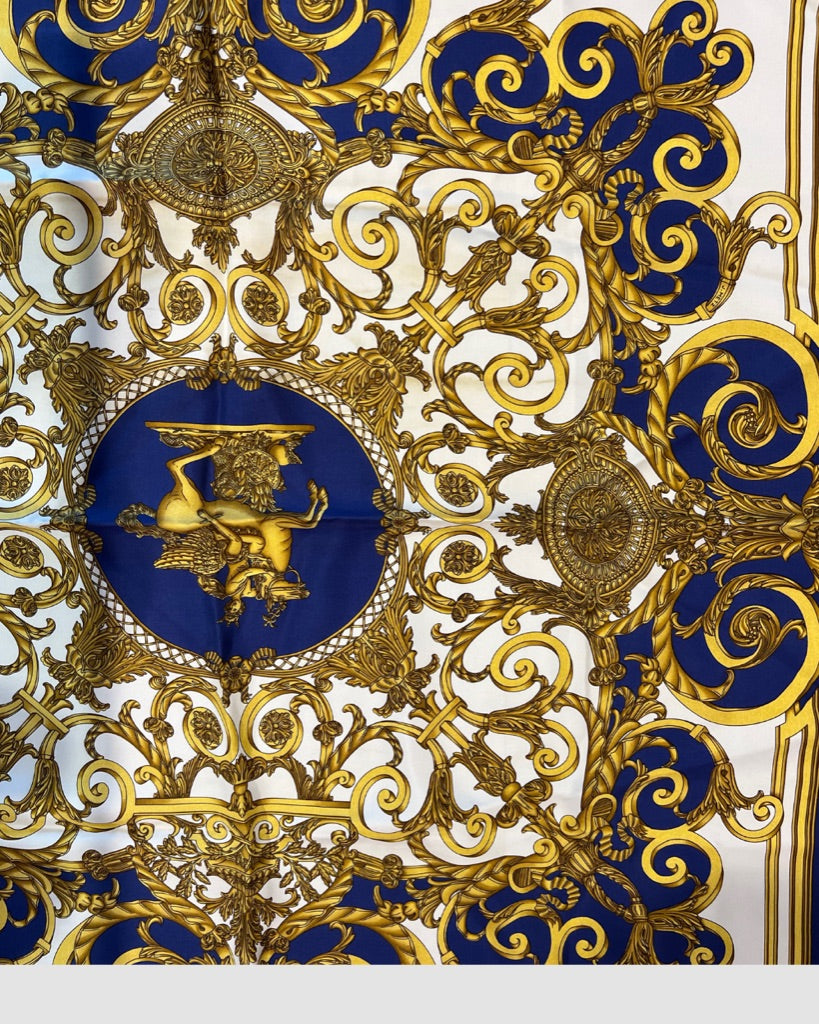 Hermes Royal Blue Gold Horse Silk Scarf