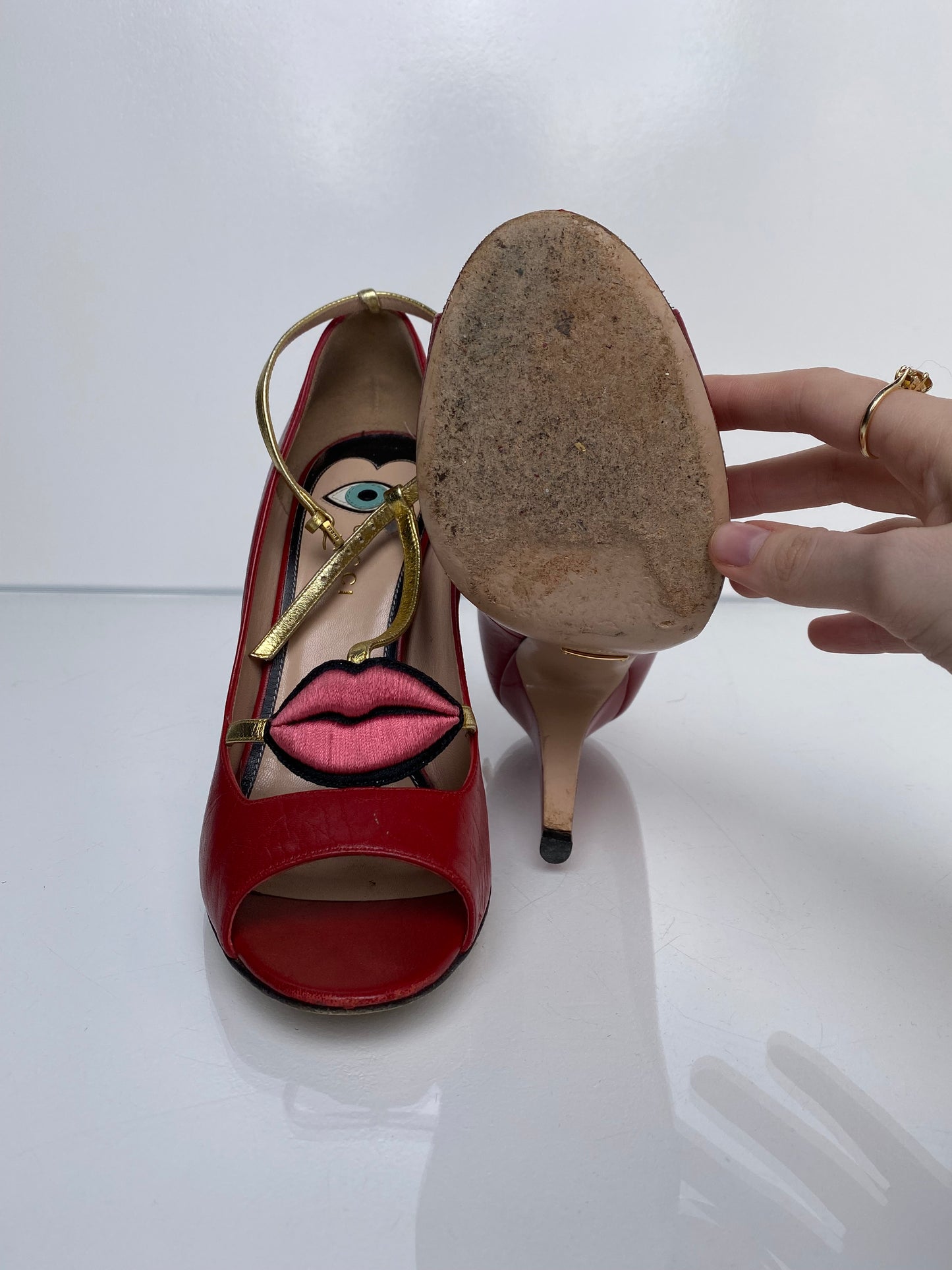 Gucci Red T-Strap Lips Heels, 38.5