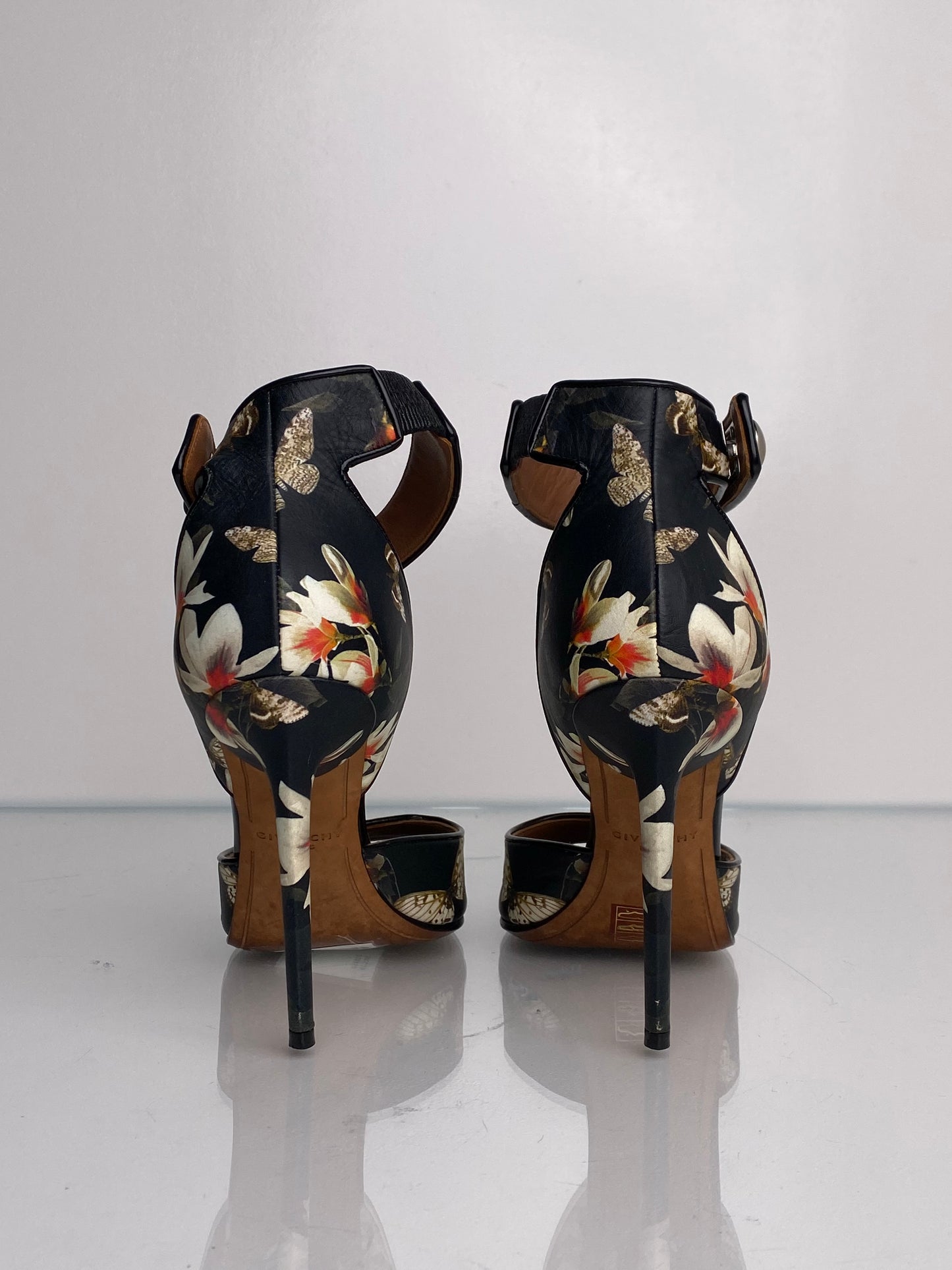 Givenchy Black Floral Leather Sandals, Size 38.5