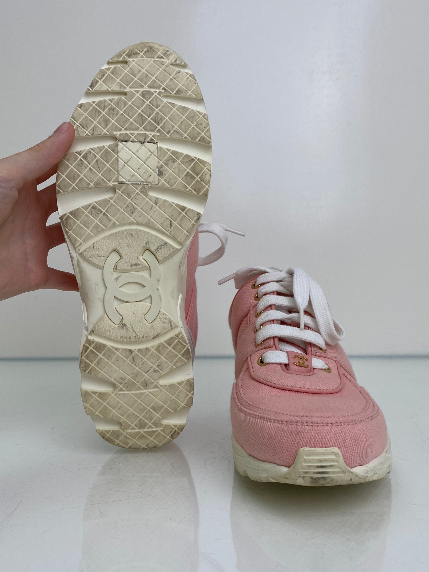 Chanel Pink & White CC Linen Sneakers, 39.5
