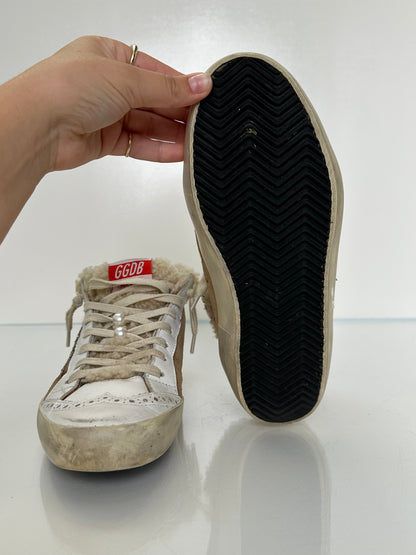 Golden Goose White Leather,  Brown Suede, & Sherpa  High Top Sneakers, 37