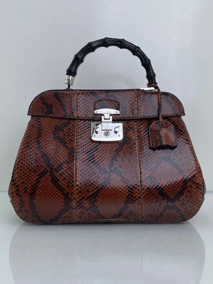 Gucci Brown Lady Lock Python & Bamboo Top Handle Bag SHW