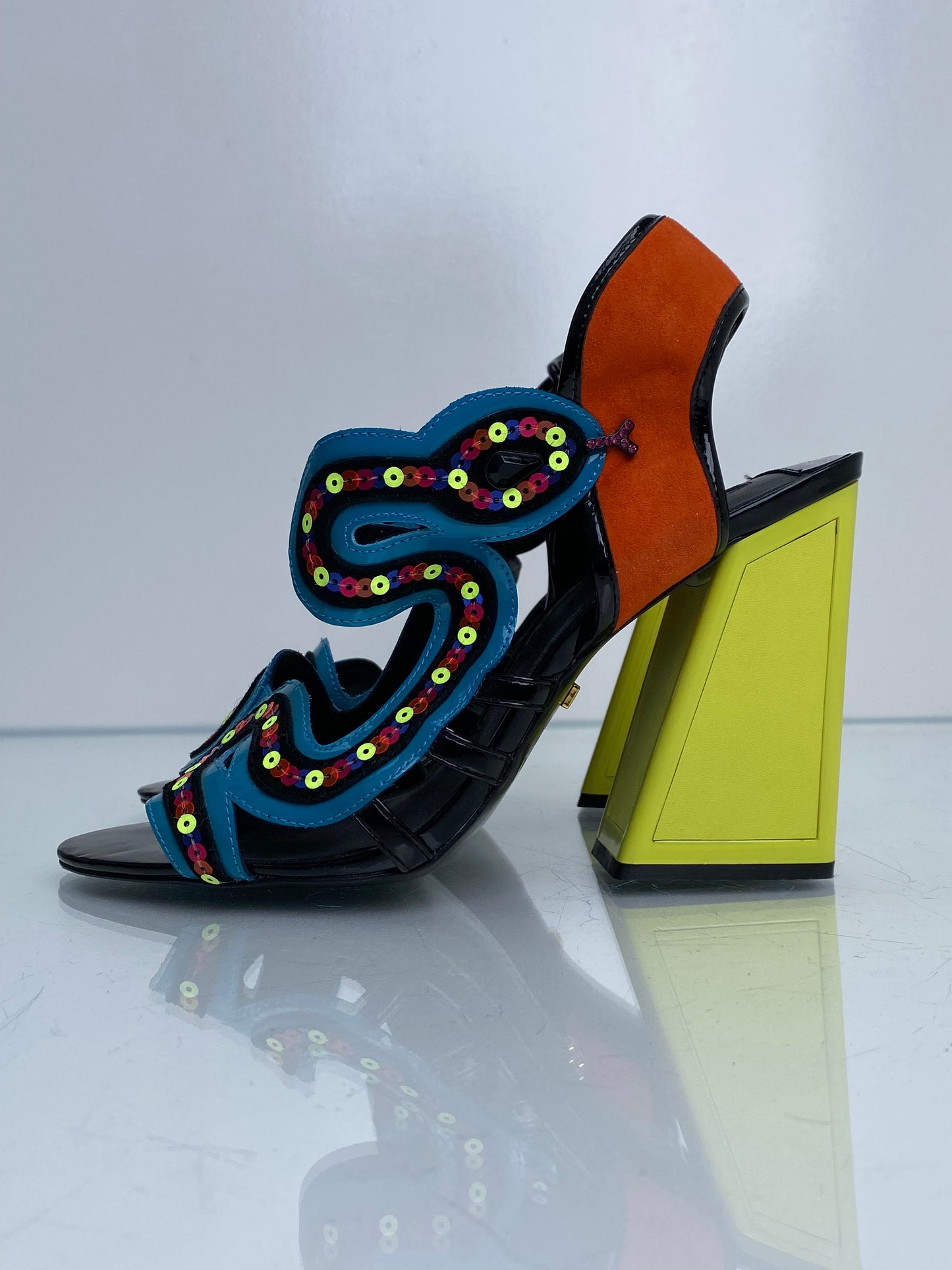 Kat Maconie Neon Yellow, Orange, Blue Sequin Heels, 8