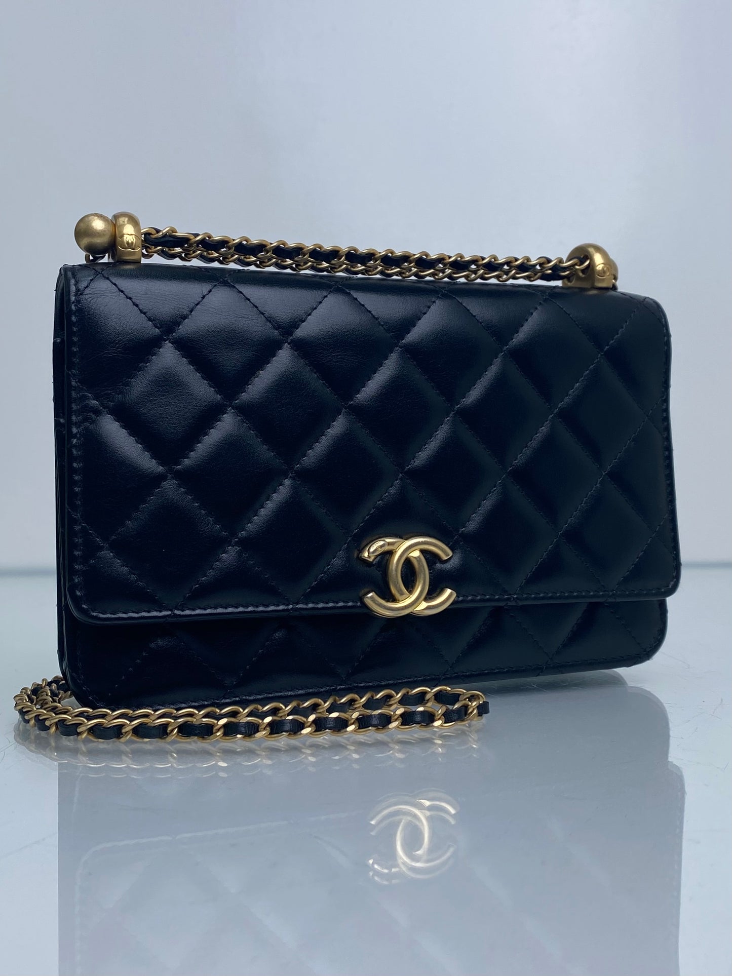 Chanel Black Shiny Calfskin Quilted Timeless Wallet On Chain Bag GHW