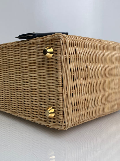 Prada Tan & Black Wicker & Canvas Small Logo Tote Bag GHW