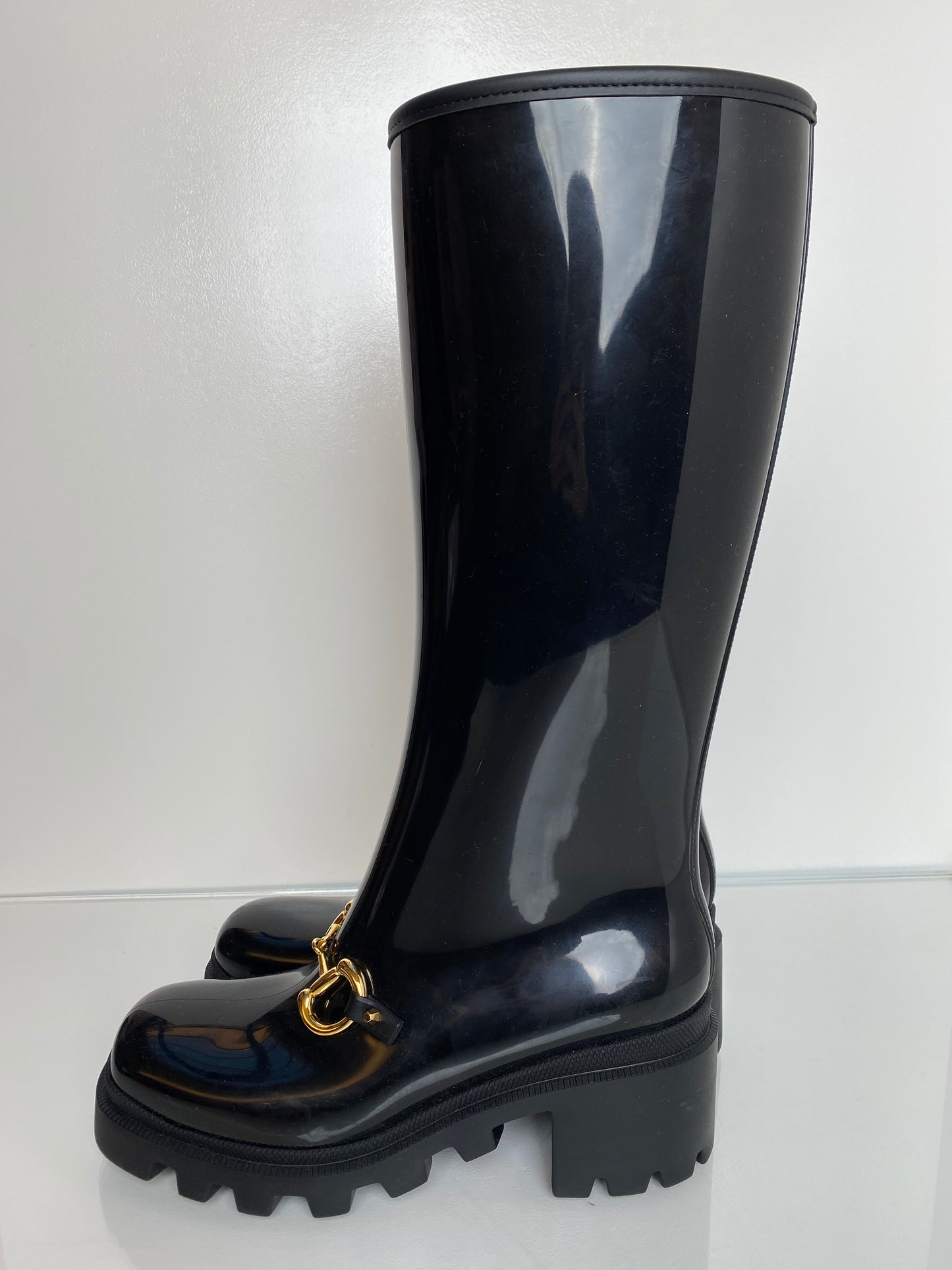 Gucci Black Horsebit Platform Rainboots, 39