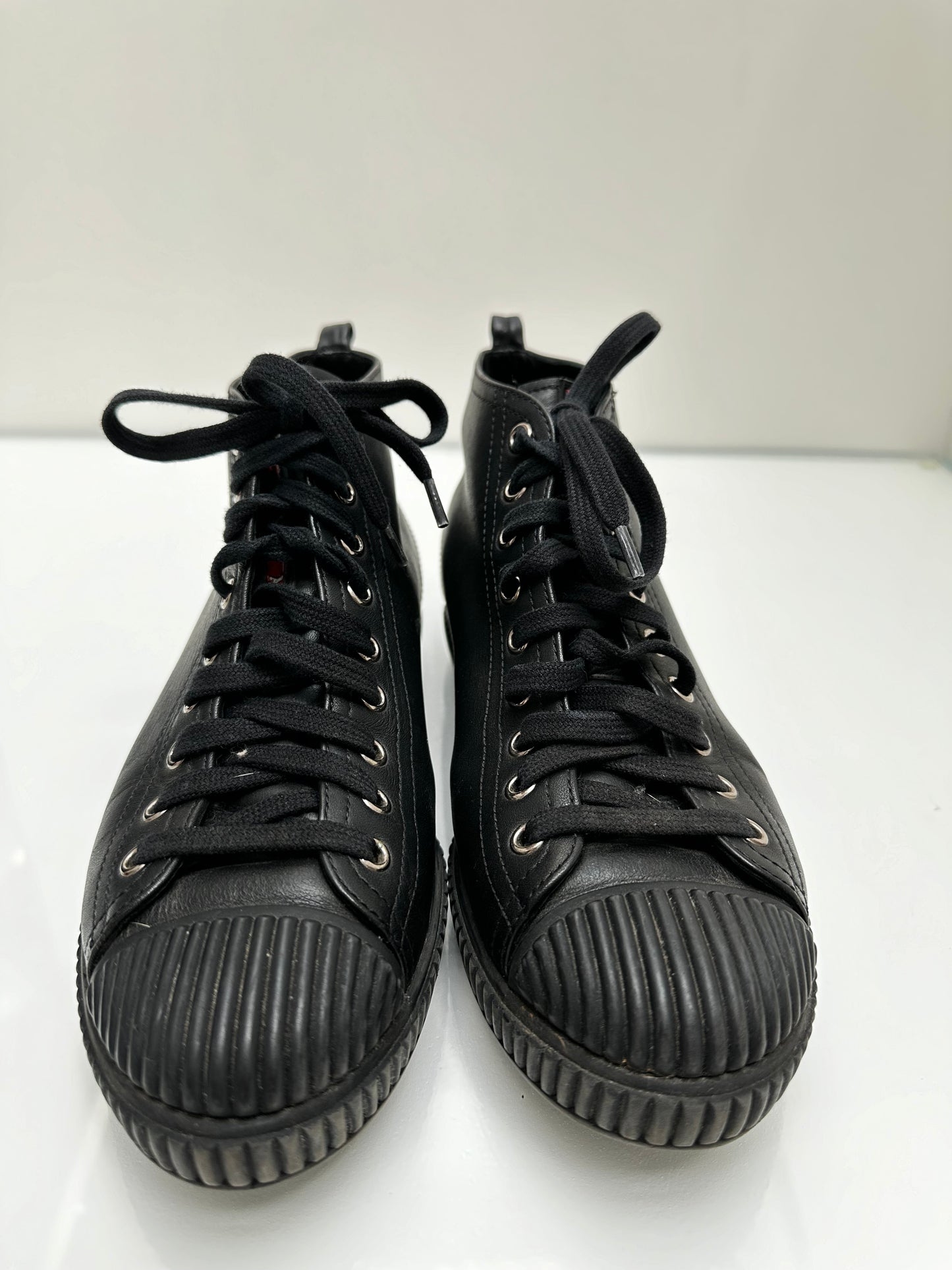 Prada Black Leather High Top Sneakers, 38