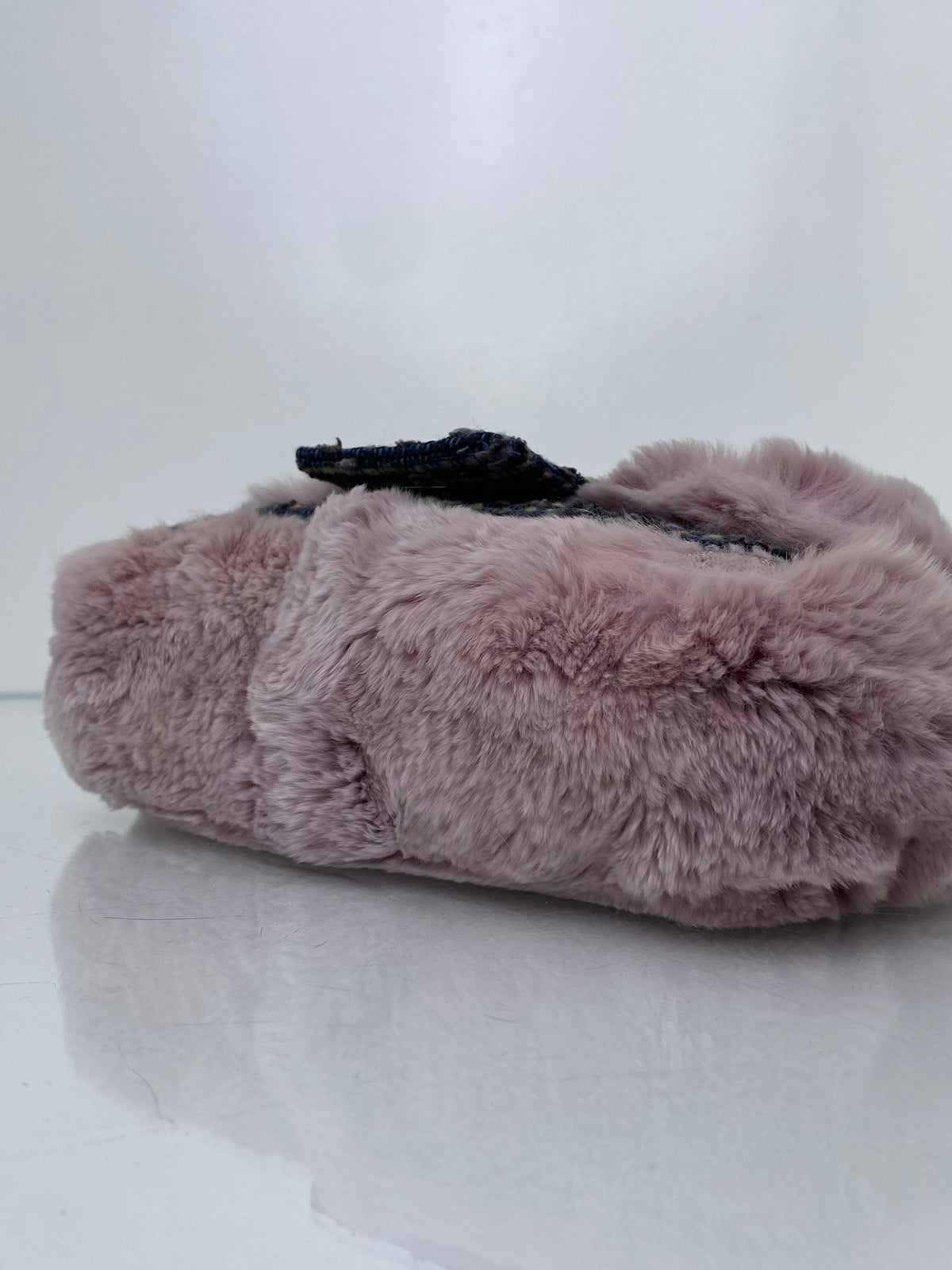 Chanel Pink Rabbit Fur-Trimmed & Blue Tweed Fantasy Flap Shoulder Bag RHW