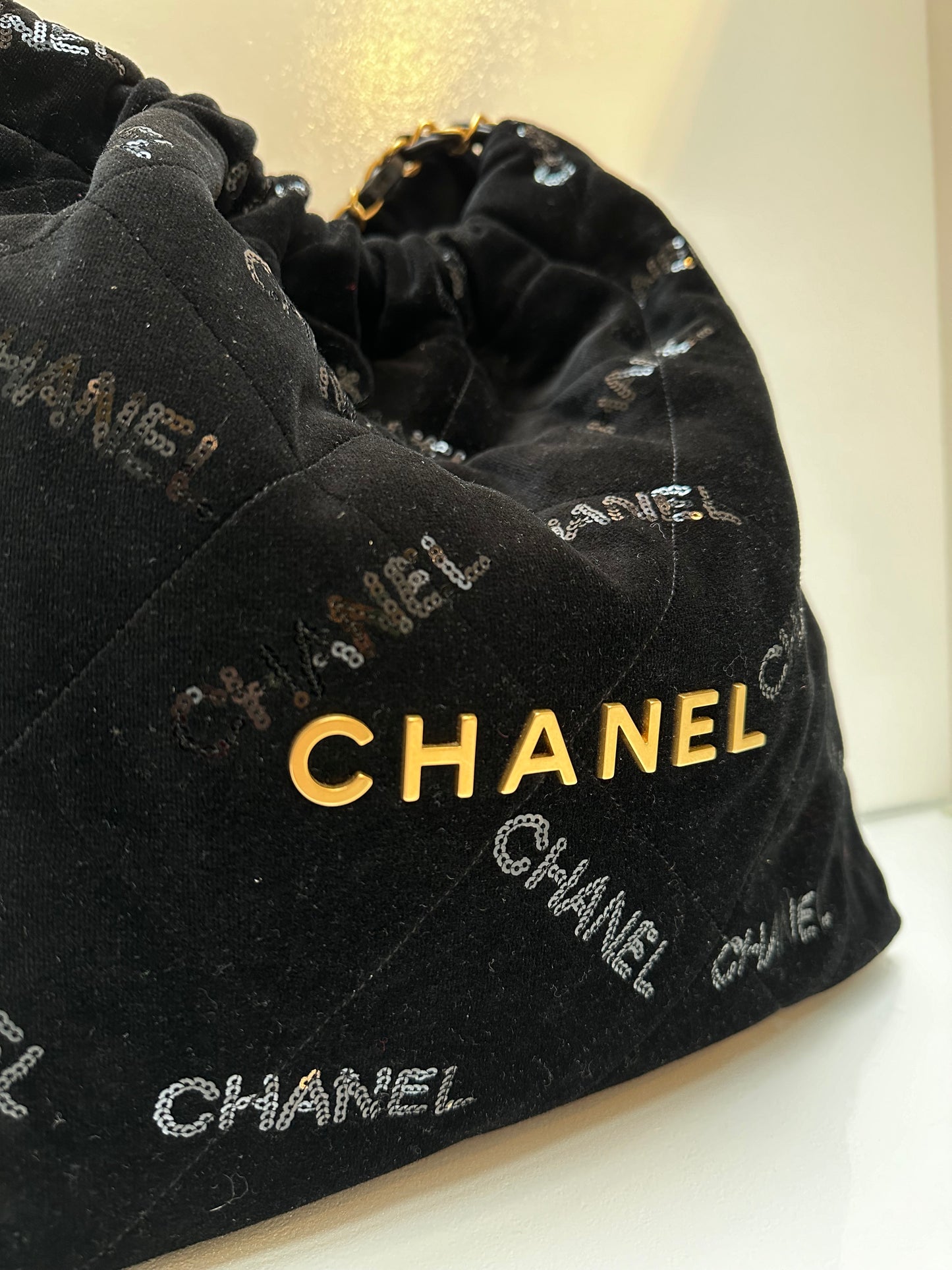 Chanel Black Velvet & Sequin 22 Shoulder Bag