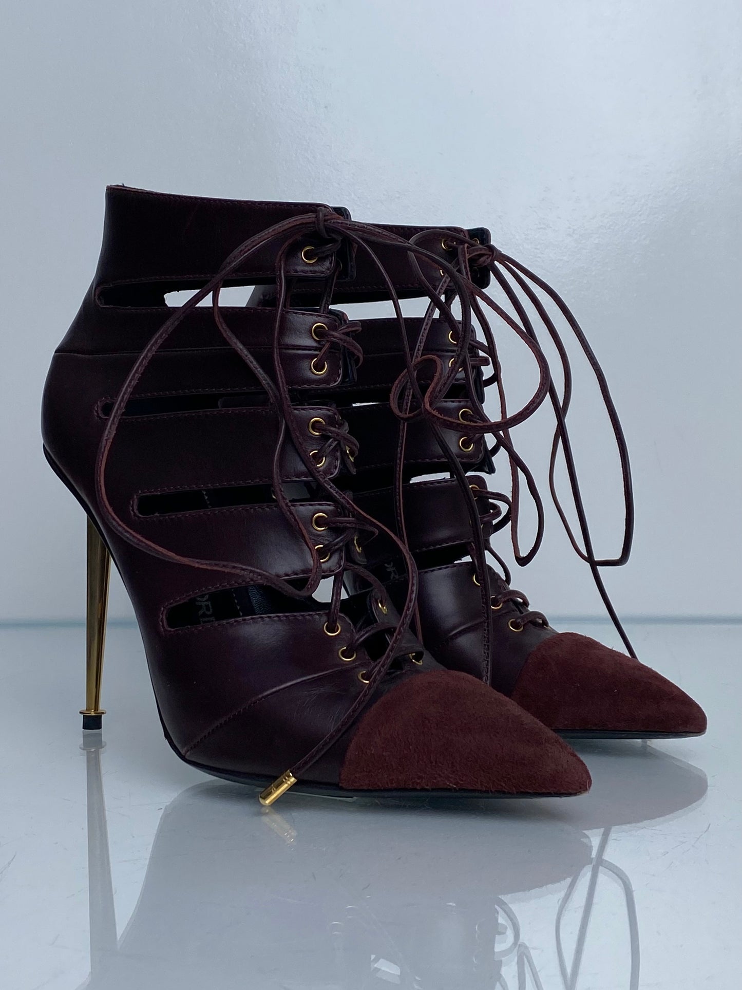 Tom Ford Burgundy & Gold Cut Out Lace Up Booties, 39