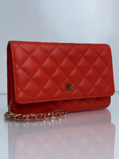 Chanel Orange Poppy Caviar Wallet On Chain LGHW