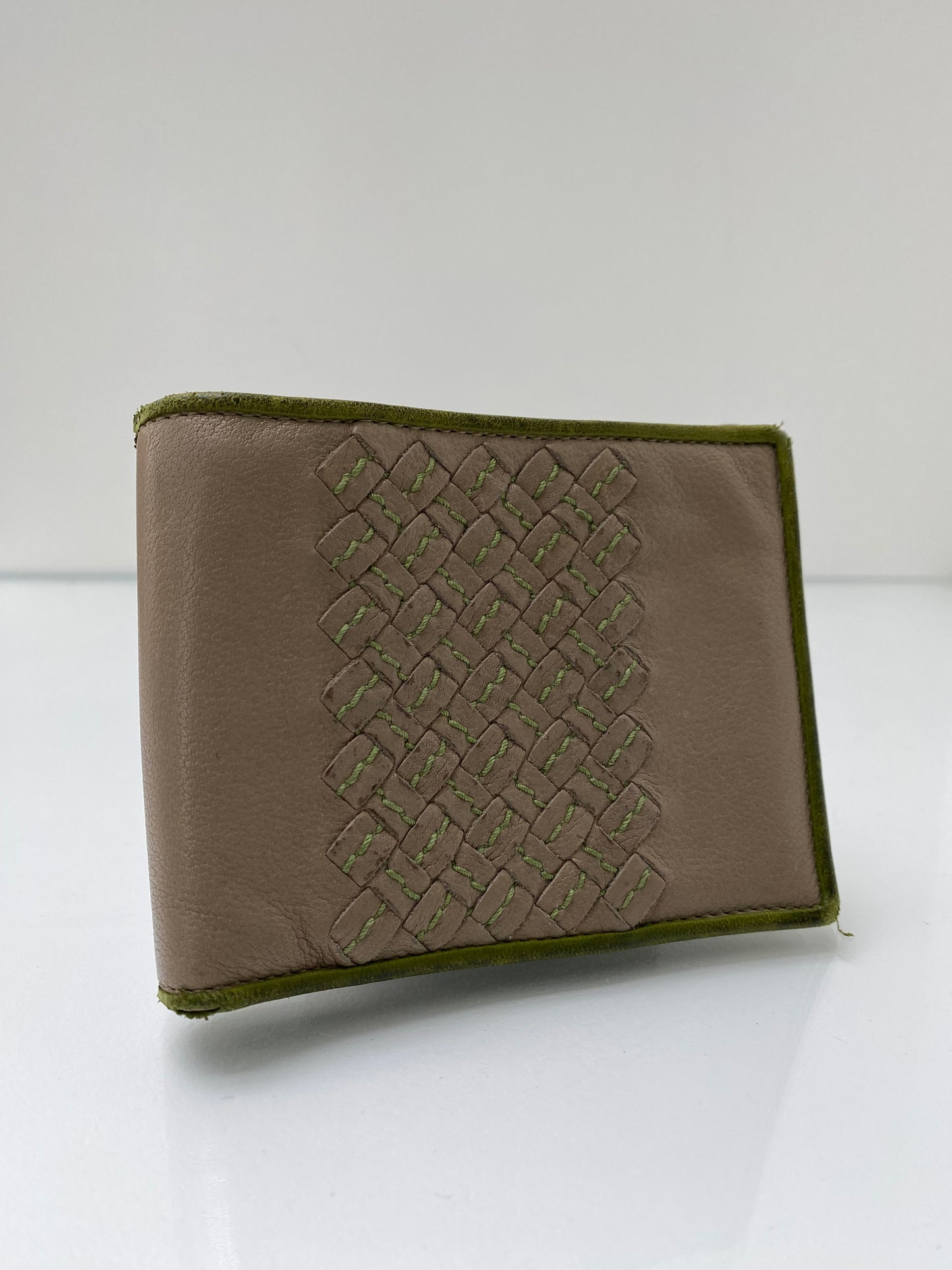 Bottega Veneta Grey & Green Woven Leather Bifold Wallet