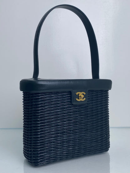 Chanel Black Wicker & Leather Basket Bag GHW