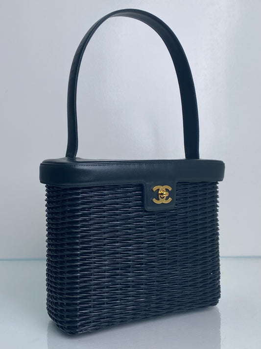 Chanel Black Wicker & Leather Basket Bag GHW
