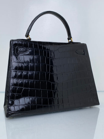 Hermes Vintage Kelly 28 Sellier Noir Alligator GHW #M