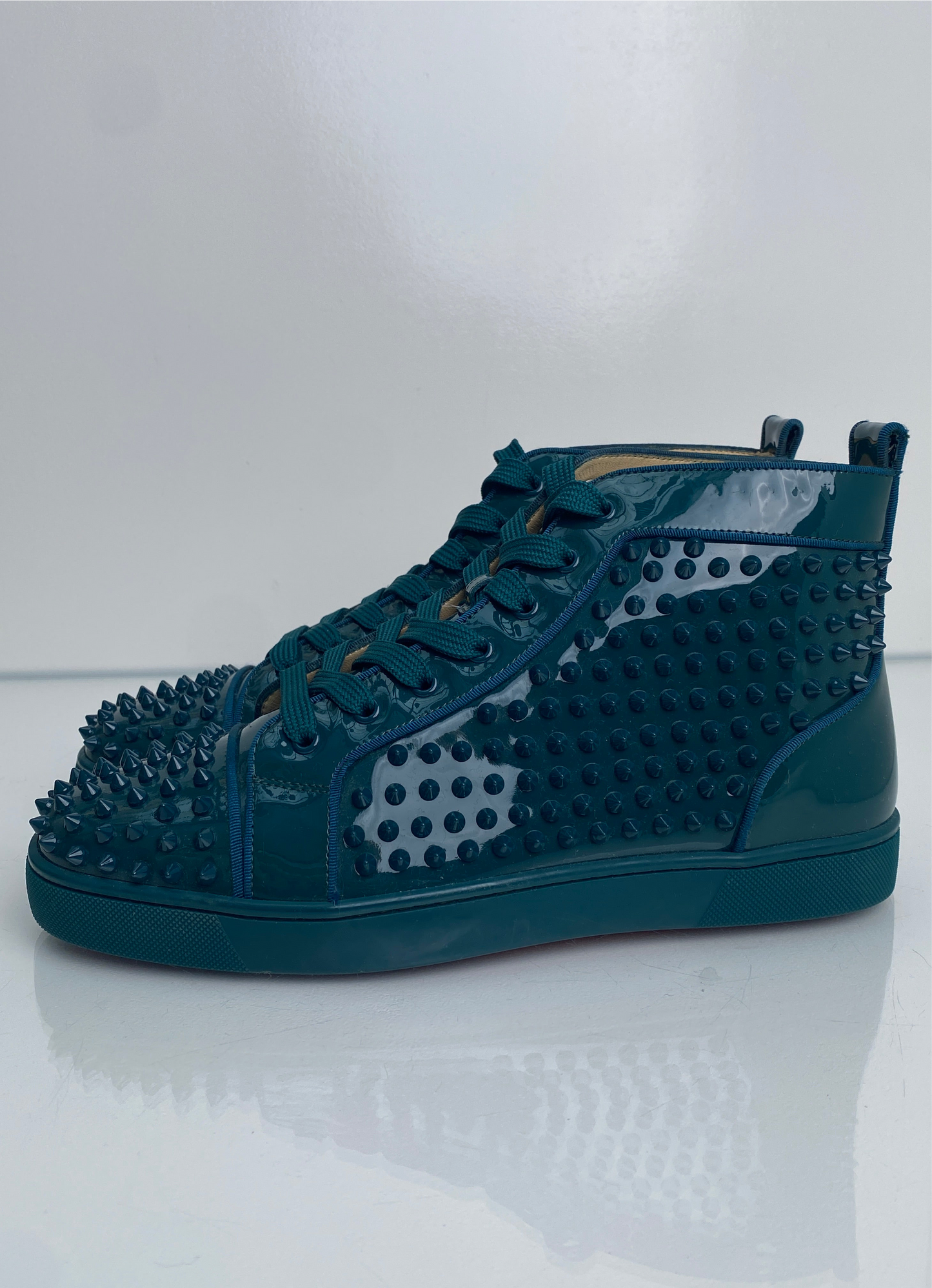 Christian Louboutin Dark Teal Spiked Patent Leather High-Top Sneakers, 43