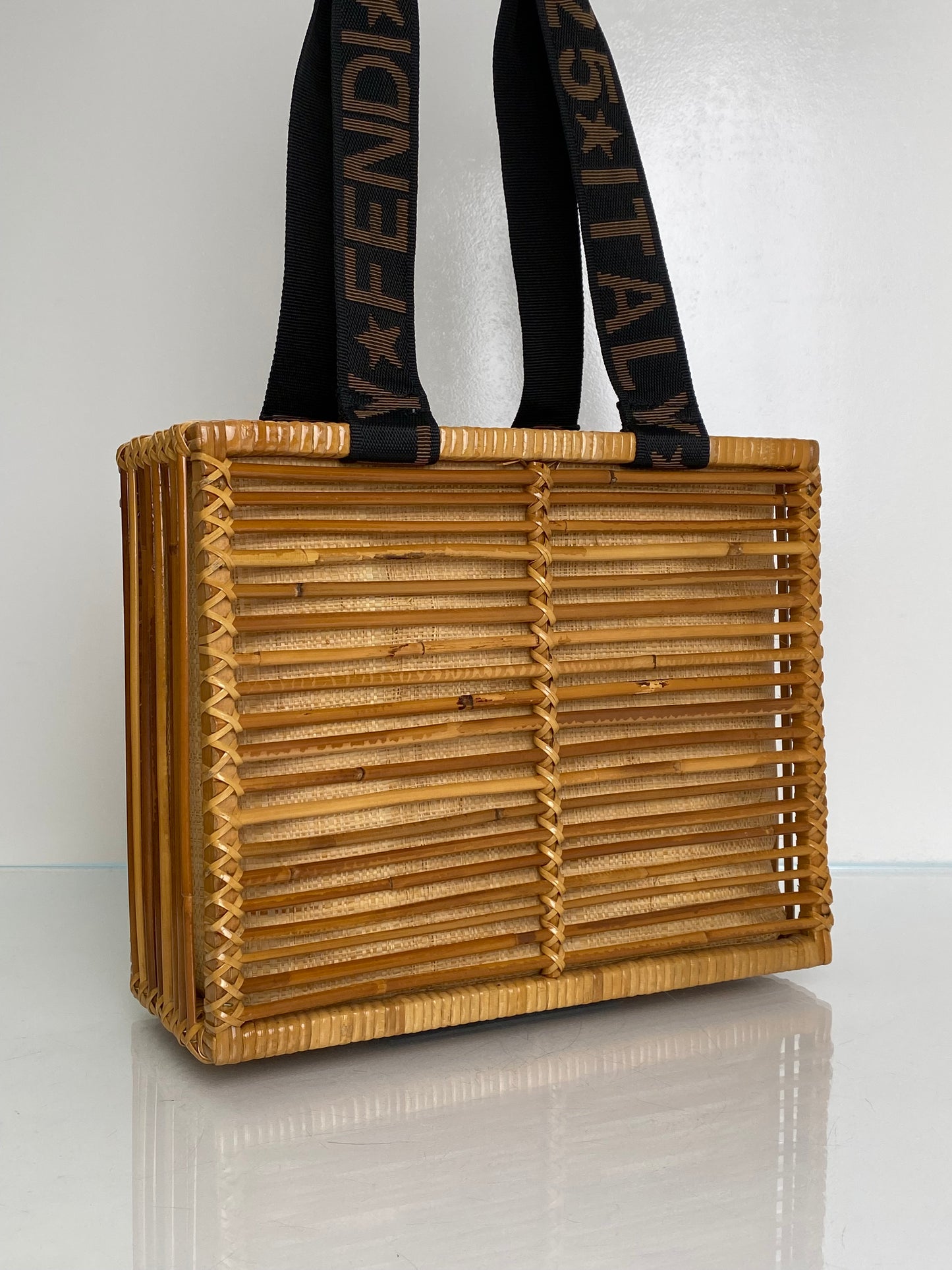 Fendi Rattan & Black Strap Wicker Box Bag