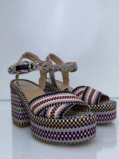 Chloe Black, White, & Multicolor Braided Heels, 38
