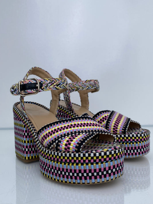 Chloe Black, White, & Multicolor Braided Heels, 38