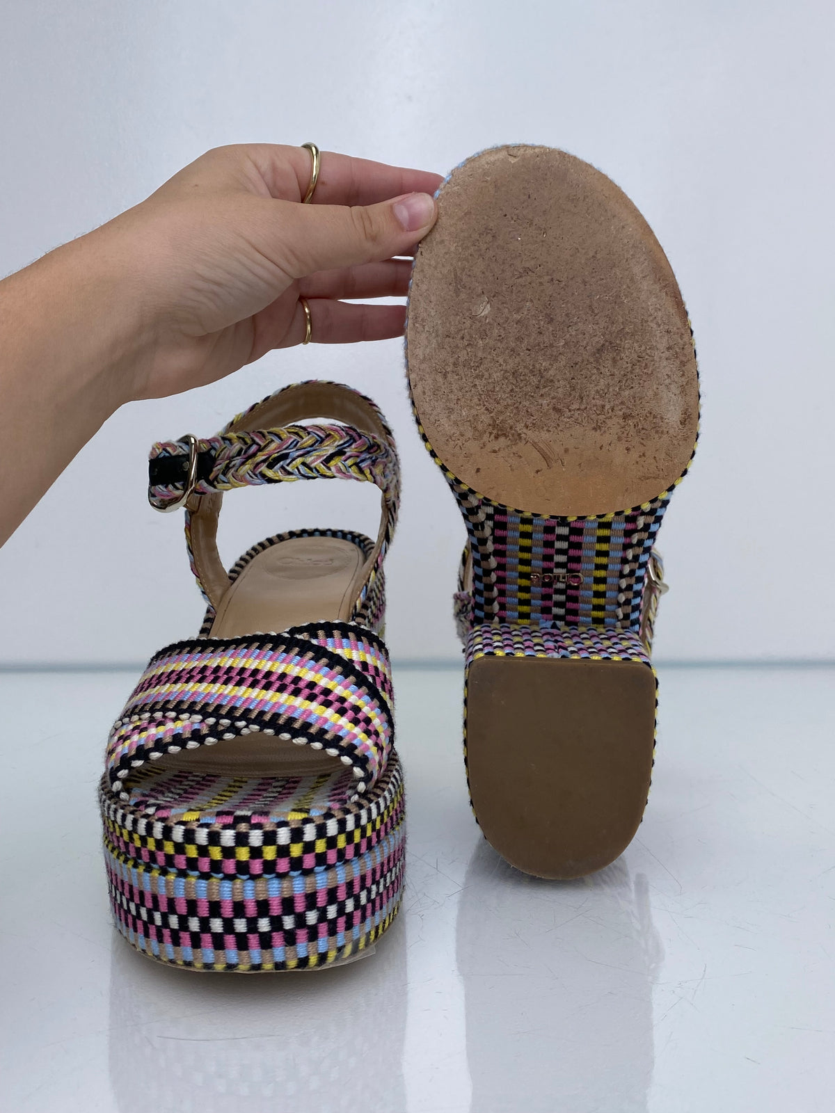 Chloe Black, White, & Multicolor Braided Heels, 38
