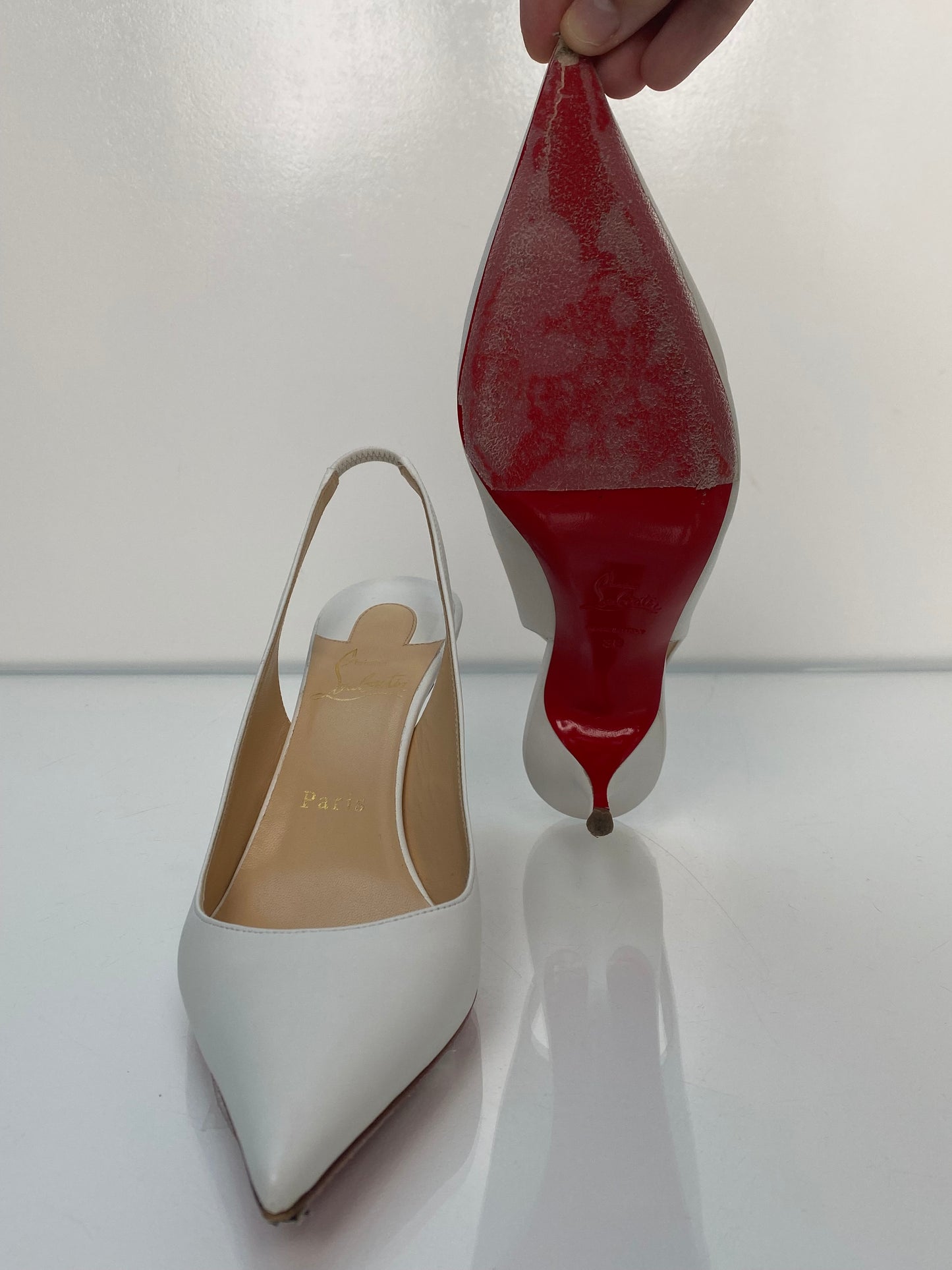 Christian Louboutin White Patent Sling 80 Pumps, 38