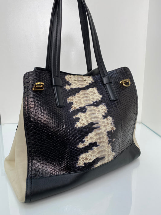 Ferragamo Black & Cream Python Tote Bag