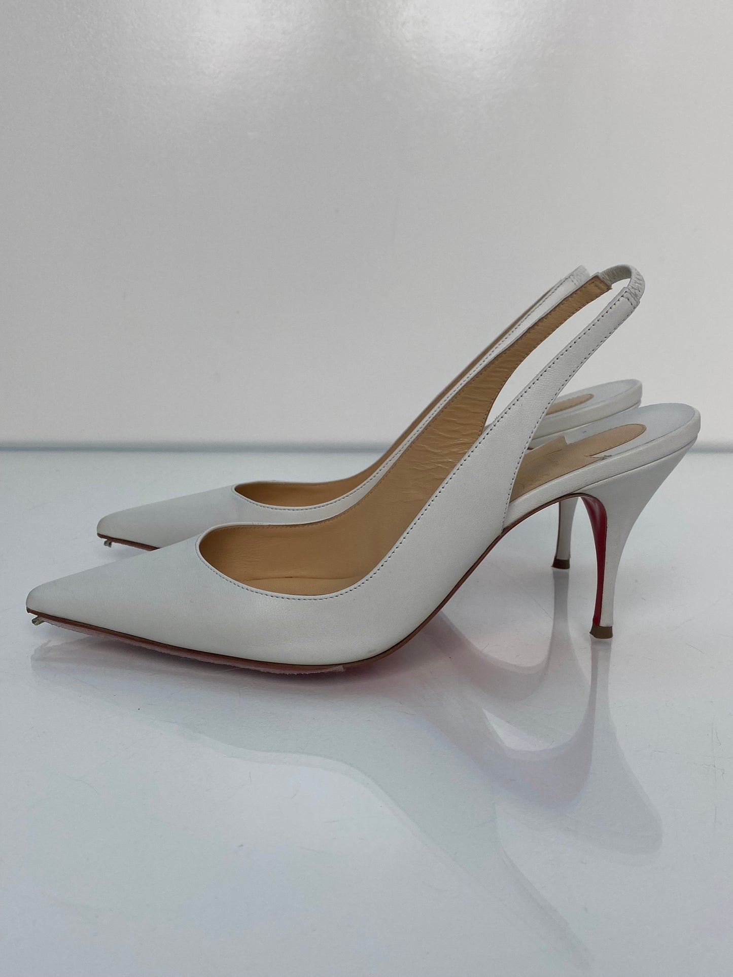 Christian Louboutin White Patent Sling 80 Pumps, 38